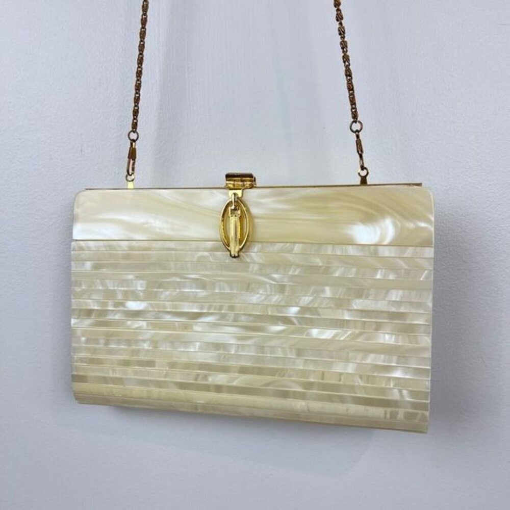 Vintage Acrylic Pearlescent Gold Hardware Mod Deco Crossbody Purse Bag Clutch